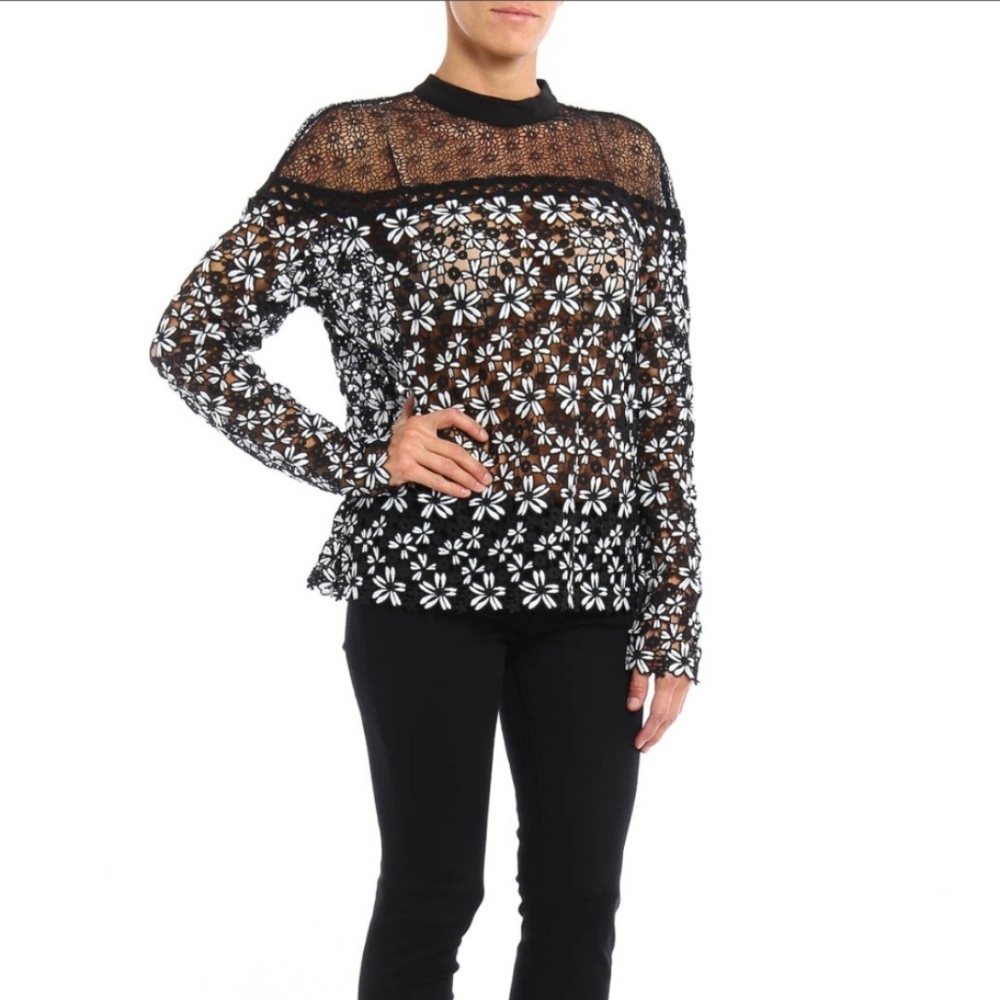 Black And White Lace Long-Sleeve Top - Sheer , Self Portrait, UK8, Us 4 - Picture 2 of 7